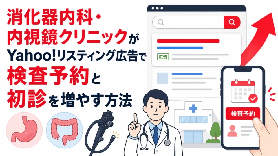 消化器内科・内視鏡クリニックがYahoo!リスティング広告で検査予約と初診を増やす方法を示すアイキャッチ画像
