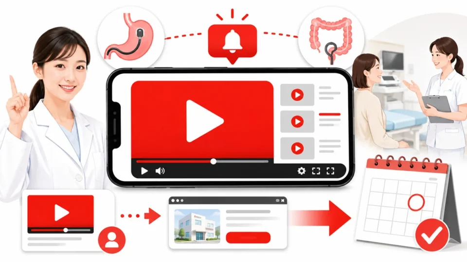 消化器内科・内視鏡クリニックのYouTube広告活用と検査予約への導線を示すアイキャッチ画像