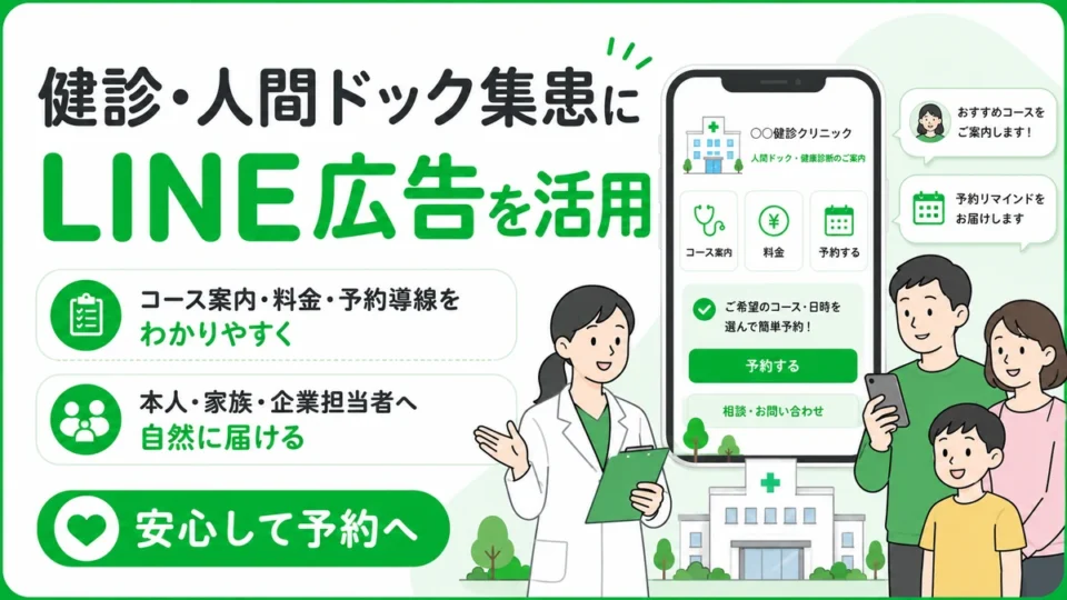 健診・人間ドッククリニックの集患にLINE広告を活用する全体像を示すアイキャッチ画像