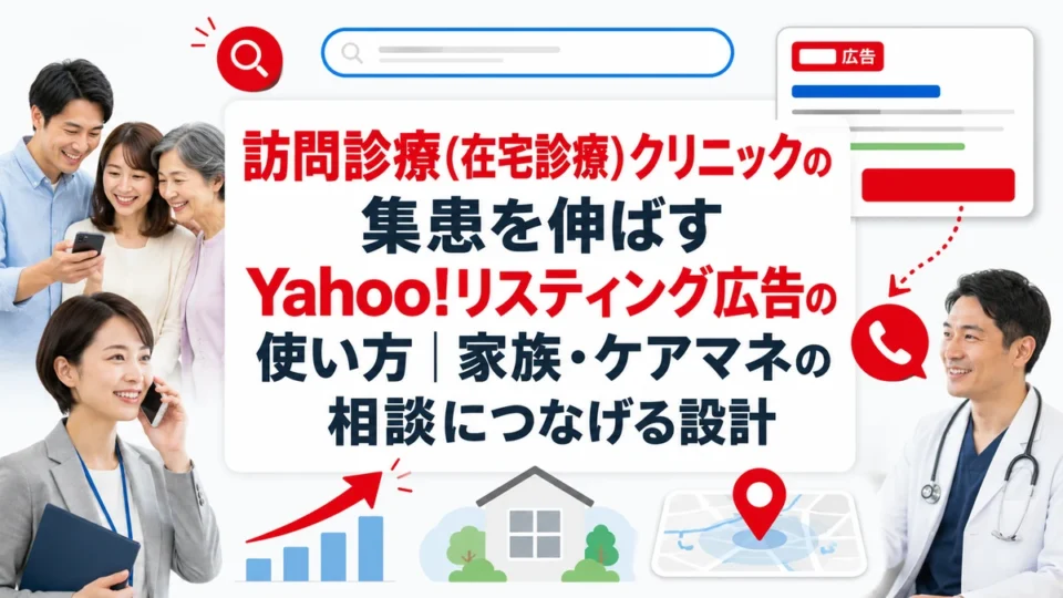 訪問診療クリニックのYahoo!リスティング広告で家族やケアマネからの相談につなげる全体像を示すアイキャッチ画像