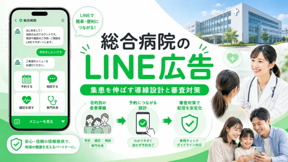 総合病院のLINE広告で集患を伸ばす導線設計と審査対策を示すアイキャッチ画像
