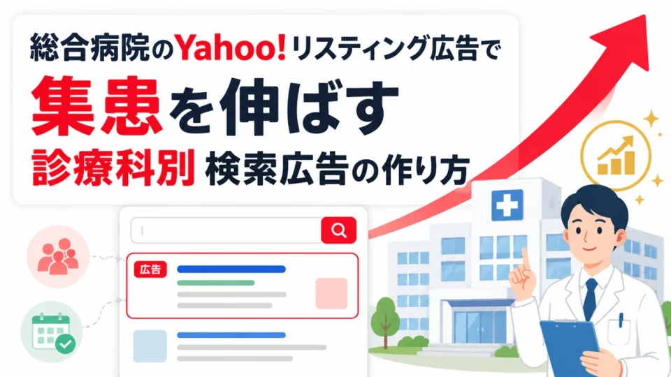 総合病院のYahoo!リスティング広告で診療科別に集患を伸ばす方法を示すアイキャッチ画像