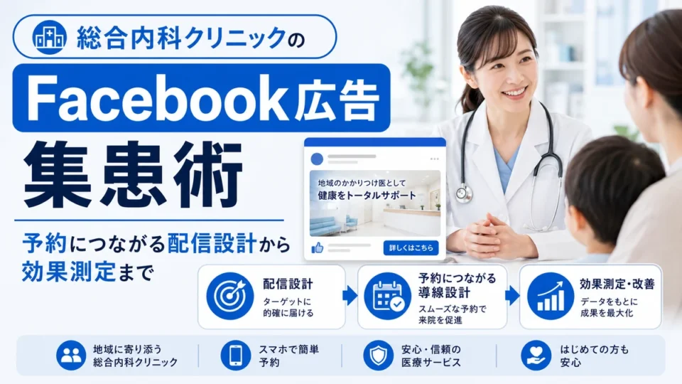 総合内科クリニックのFacebook広告集患術を配信設計から効果測定まで示すアイキャッチ画像