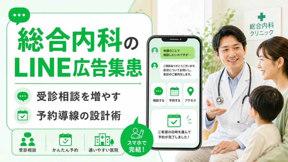 総合内科クリニックのLINE広告で受診相談と予約導線を増やす方法を示すアイキャッチ画像