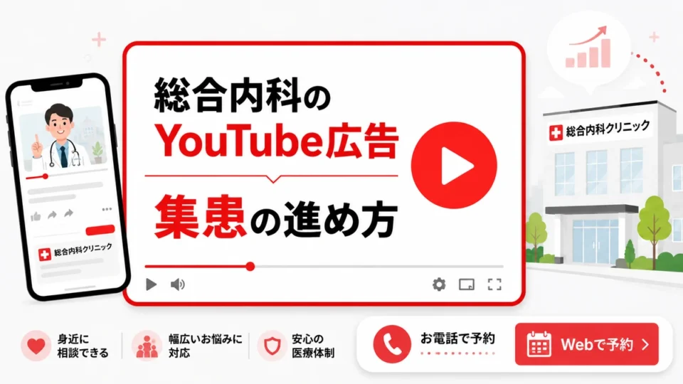 総合内科クリニックのYouTube広告で地域集患を進める方法を示すアイキャッチ画像
