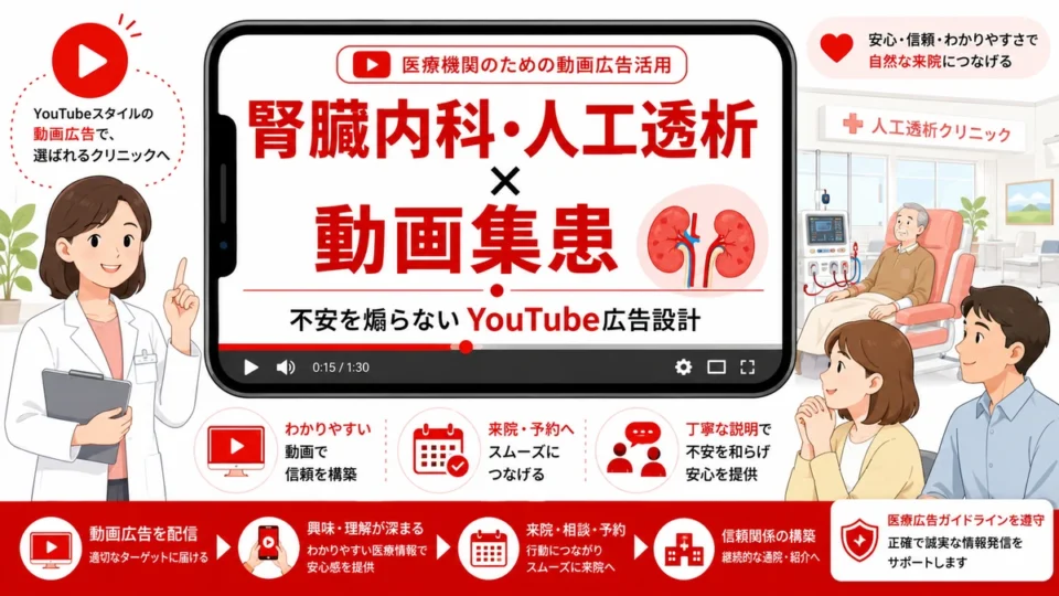 腎臓内科と人工透析クリニックのYouTube広告による集患と安全な予約導線を示すアイキャッチ画像
