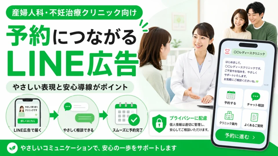 産婦人科・不妊治療クリニックのLINE広告で予約につなげる導線を示したアイキャッチ画像