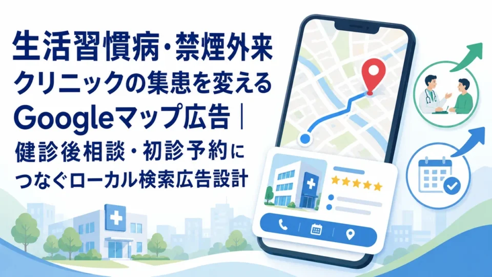 生活習慣病・禁煙外来クリニックのGoogleマップ広告と初診予約導線を示すアイキャッチ画像