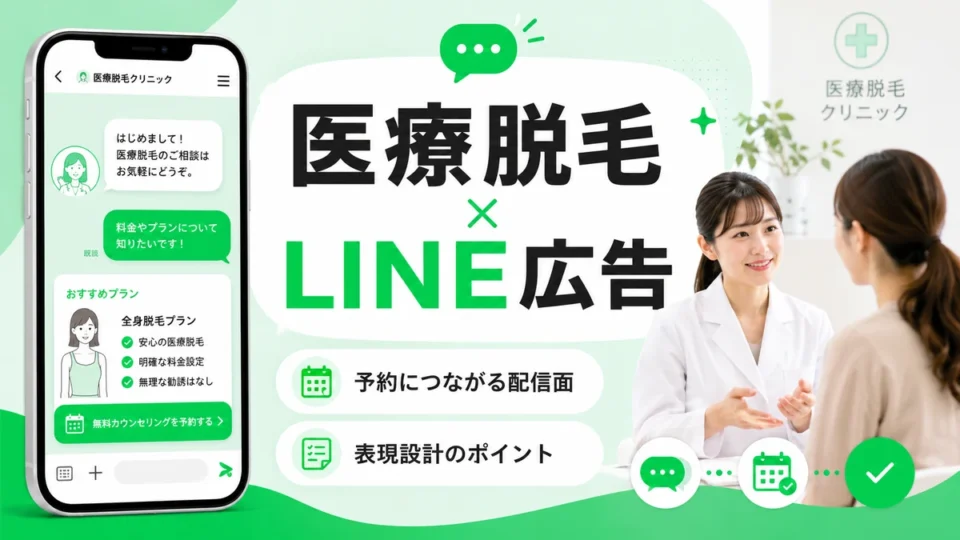 医療脱毛クリニックのLINE広告活用と予約導線を示すアイキャッチ画像