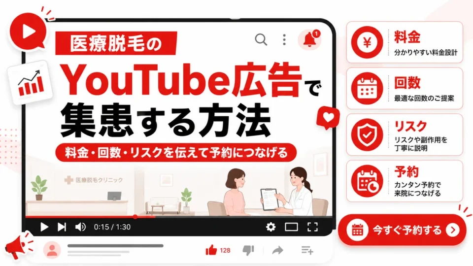 医療脱毛クリニックのYouTube広告で料金や回数、リスクを伝えて予約につなげる方法を示すアイキャッチ画像