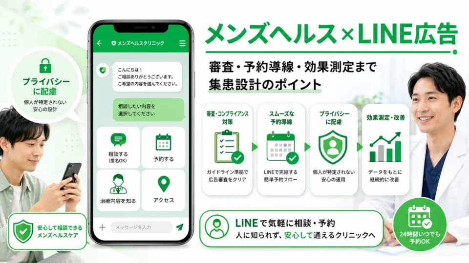メンズヘルスクリニックのLINE広告活用と審査・予約導線・効果測定の全体像を示すアイキャッチ画像