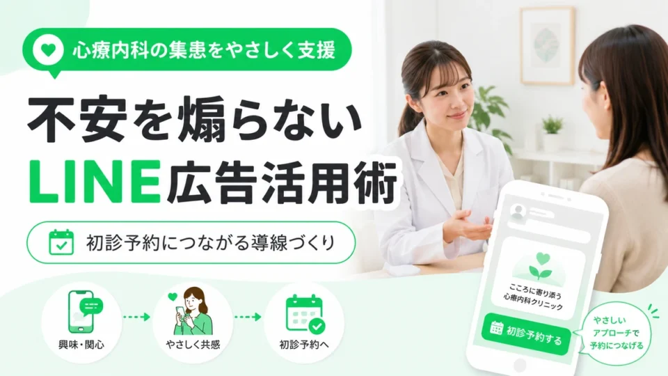 心療内科クリニックのLINE広告活用術と初診予約への導線を示すアイキャッチ画像