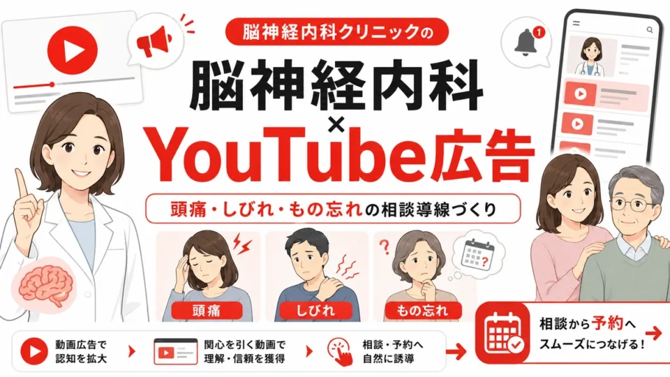 脳神経内科クリニックのYouTube広告で頭痛やしびれ、もの忘れの相談から予約へつなげる流れを示すアイキャッチ画像