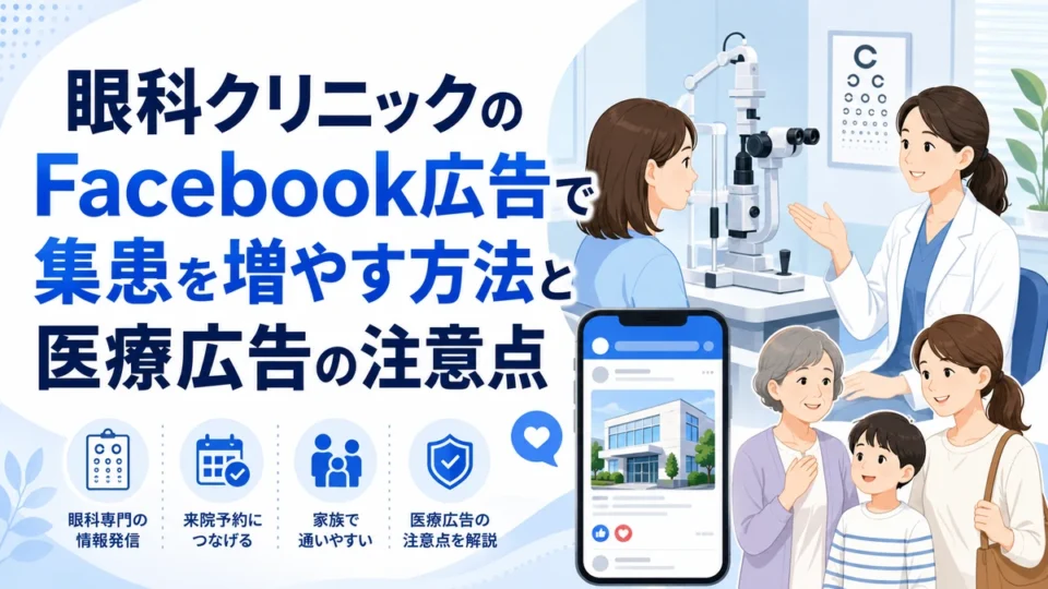 眼科クリニックのFacebook広告で集患を増やす方法と医療広告の注意点を示すアイキャッチ画像