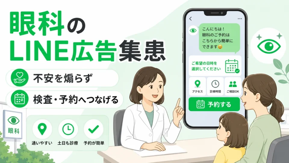 眼科クリニックのLINE広告集患で不安を煽らず検査や予約につなげる全体像を示すアイキャッチ画像