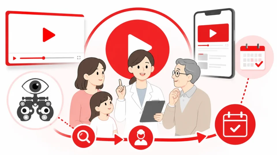 眼科クリニックのYouTube広告で検査や診察、予約導線へつなぐ全体像を示すアイキャッチ画像