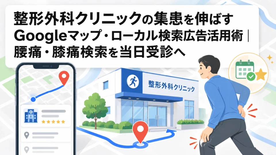 整形外科クリニックのGoogleマップ・ローカル検索広告活用と腰痛・膝痛検索から当日受診へつなげる流れを示すアイキャッチ画像