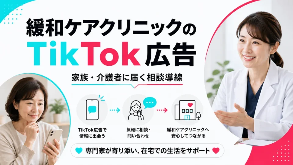 緩和ケアクリニックのTikTok広告で家族や介護者に相談導線を届けることを示すアイキャッチ画像