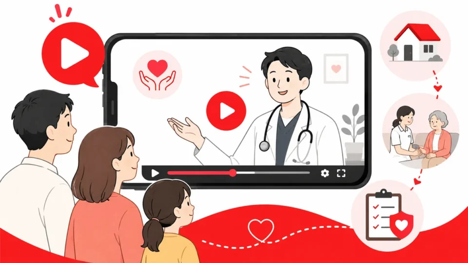 緩和ケアクリニックのYouTube広告で本人と家族を相談につなげる流れを示すアイキャッチ画像