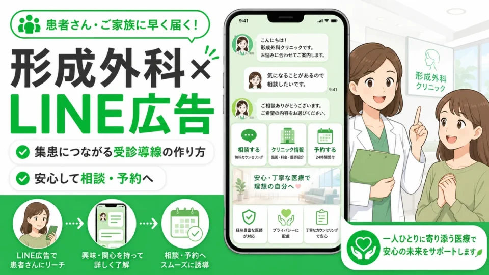 形成外科クリニックのLINE広告で相談や予約につなげる受診導線を示すアイキャッチ画像