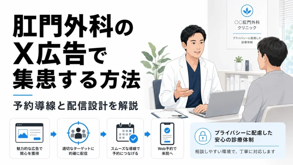 肛門外科クリニックのX広告で集患する方法と予約導線の全体像を示すアイキャッチ画像