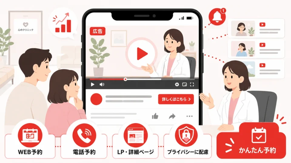 精神科クリニックのYouTube広告から予約導線までの全体像を示すアイキャッチ画像