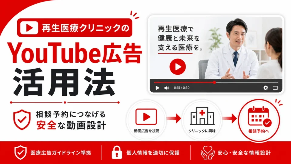 再生医療クリニックのYouTube広告活用法と相談予約につなげる安全な動画設計を示すアイキャッチ画像