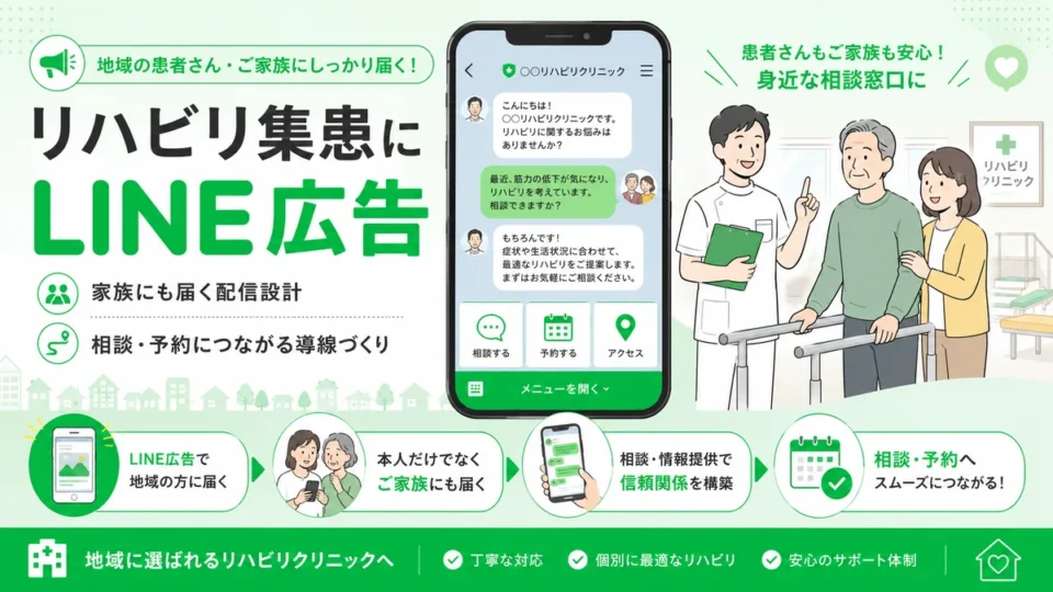 リハビリテーション科クリニックのLINE広告で家族にも届く集患導線を示すアイキャッチ画像