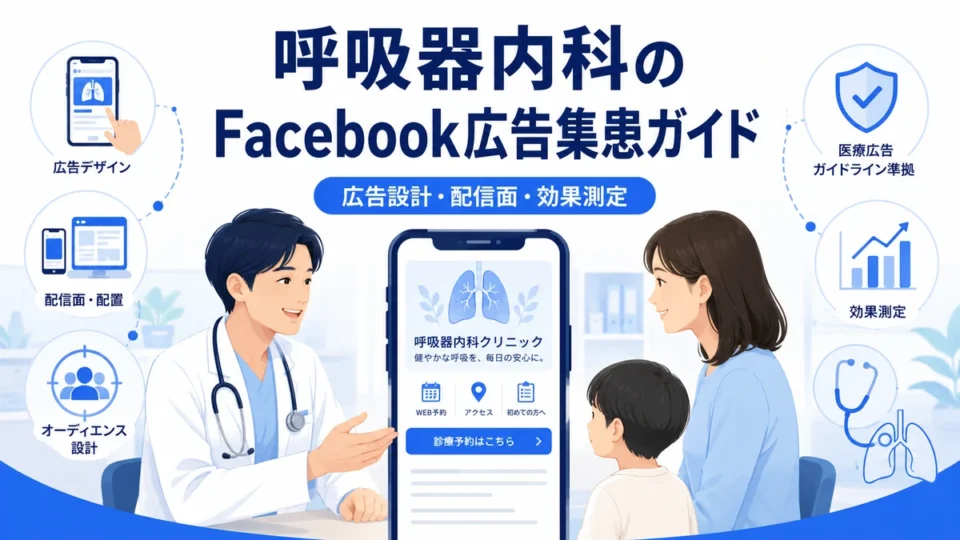 呼吸器内科クリニックのFacebook広告集患について広告設計や配信面、効果測定を示すアイキャッチ画像