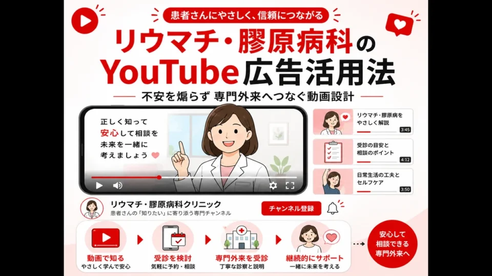 リウマチ・膠原病科クリニックのYouTube広告活用法を示すアイキャッチ画像