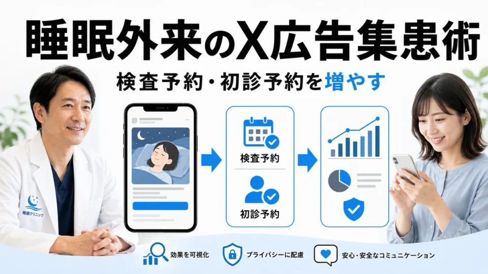 睡眠外来クリニックのX広告で検査予約と初診予約を増やす流れを示すアイキャッチ画像