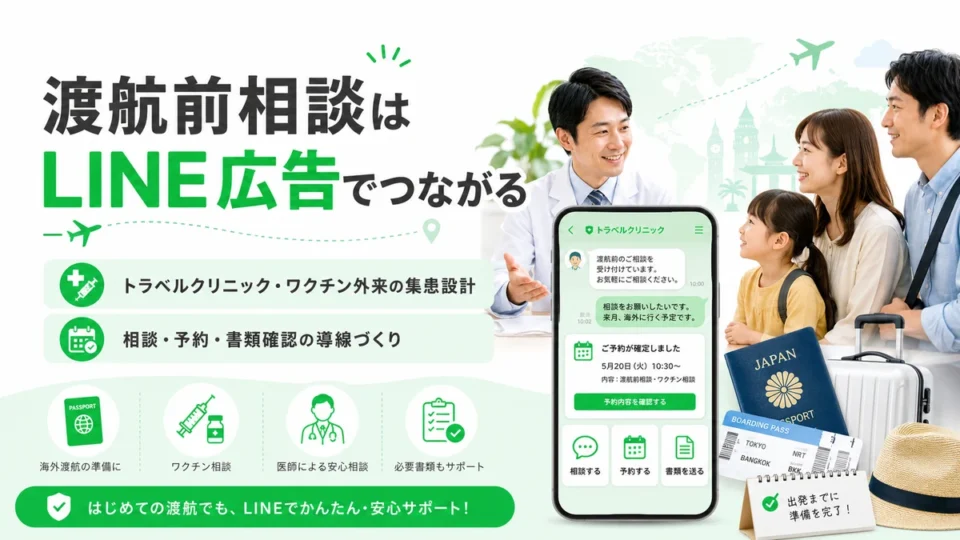 トラベルクリニックのLINE広告で渡航前相談やワクチン外来の予約導線を示すアイキャッチ画像