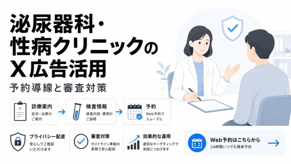 泌尿器科・性病クリニックのX広告活用と予約導線、審査対策の全体像を示すアイキャッチ画像