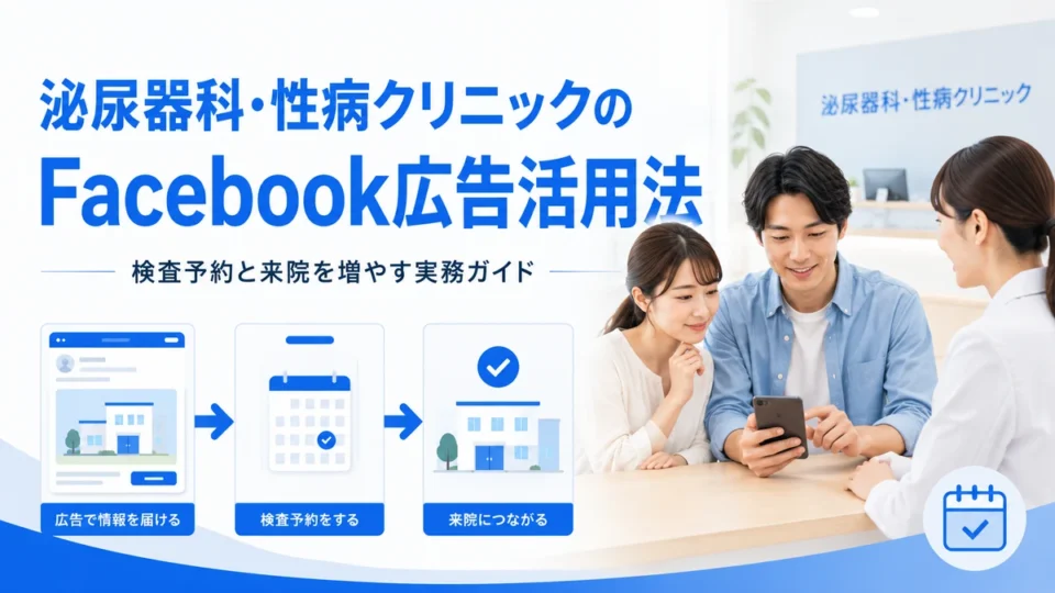 泌尿器科・性病クリニックのFacebook広告活用法と検査予約から来院までの流れを示すアイキャッチ画像