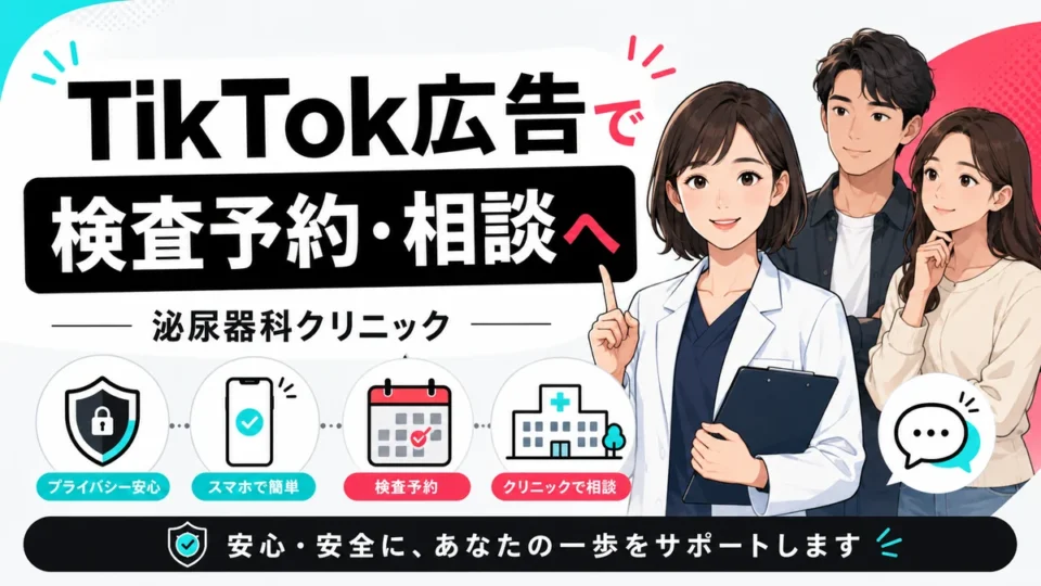 泌尿器科クリニックのTikTok広告で検査予約や相談につなげる全体像を示すアイキャッチ画像