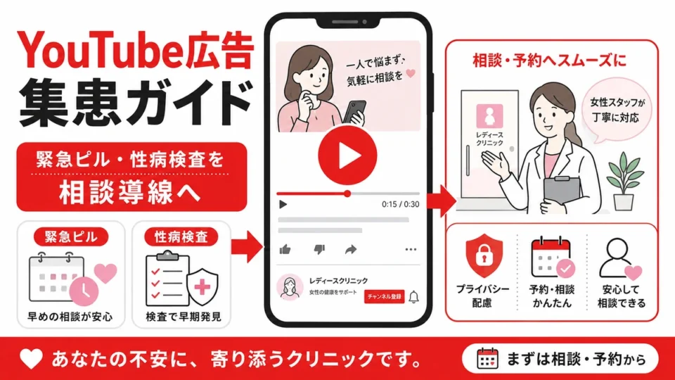 レディースクリニックのYouTube広告で緊急ピルや性病検査の相談導線を整えるアイキャッチ画像