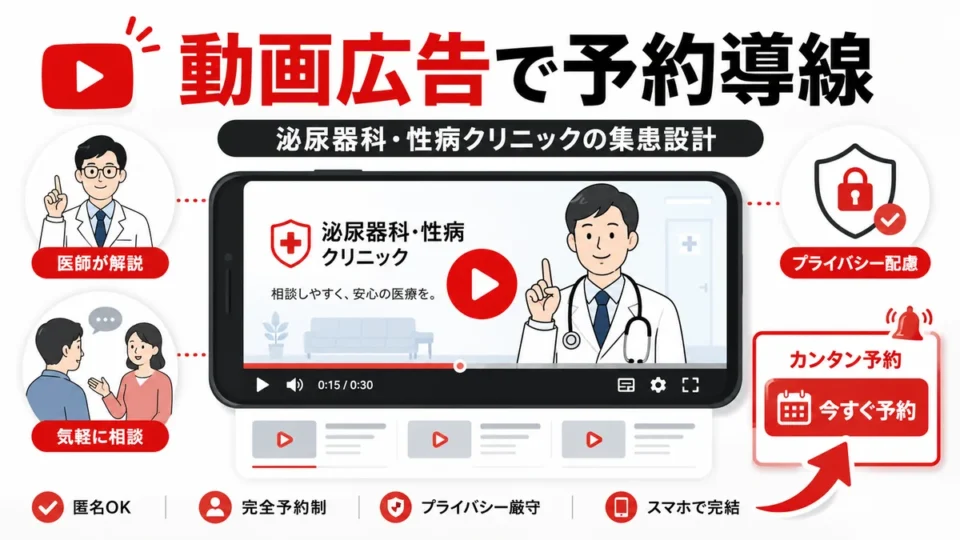 泌尿器科・性病クリニックのYouTube広告で予約導線を設計する全体像を示すアイキャッチ画像
