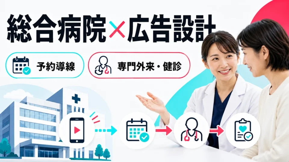 総合病院のTikTok広告で予約導線や専門外来、健診案内を設計する全体像を示すアイキャッチ画像
