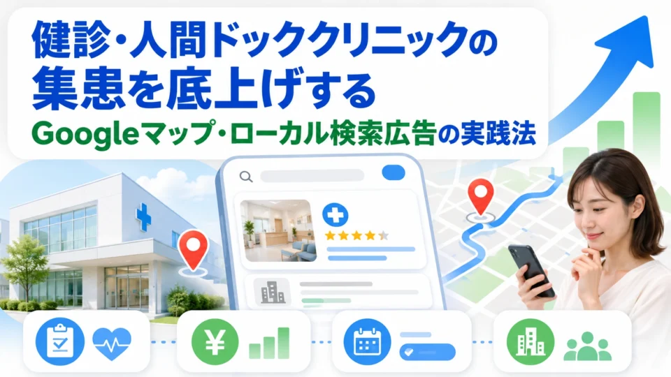 健診・人間ドッククリニックのGoogleマップとローカル検索広告による集患施策を表すアイキャッチ画像
