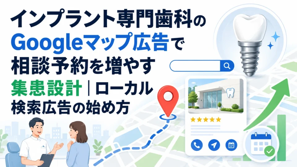 インプラント専門歯科のGoogleマップ広告で相談予約を増やす集患設計を示すアイキャッチ画像