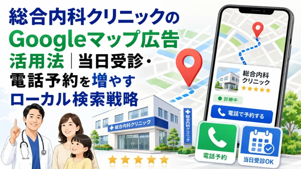 総合内科クリニックのGoogleマップ広告で当日受診と電話予約を増やすローカル検索戦略のアイキャッチ画像
