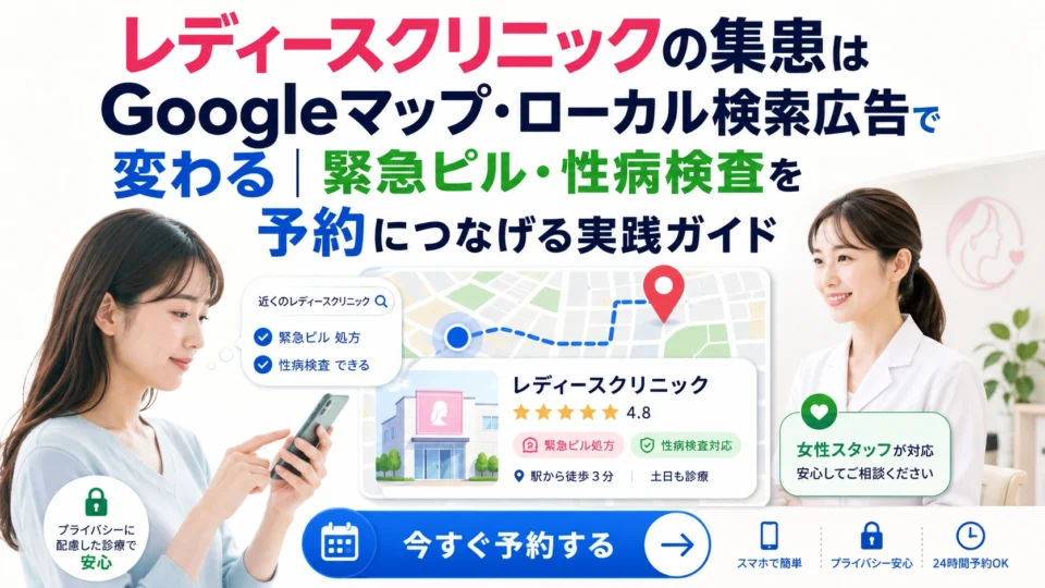 レディースクリニックの集患をGoogleマップとローカル検索広告で予約につなげる全体像を示すアイキャッチ画像