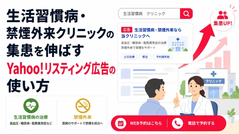 生活習慣病・禁煙外来クリニックの集患を伸ばすYahoo!リスティング広告の使い方を示すアイキャッチ画像