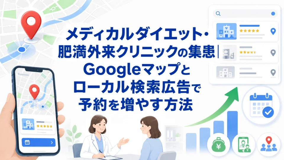 メディカルダイエット・肥満外来クリニックの集患をGoogleマップとローカル検索広告で強化する全体像を示すアイキャッチ画像