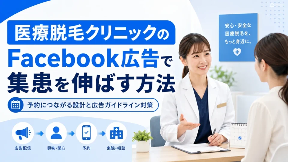 医療脱毛クリニックのFacebook広告で集患を伸ばす方法を示すアイキャッチ画像