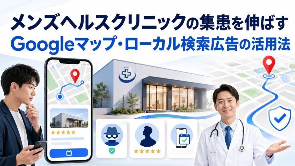 メンズヘルスクリニックのGoogleマップ広告とローカル検索広告による集患施策の全体像を示すアイキャッチ画像