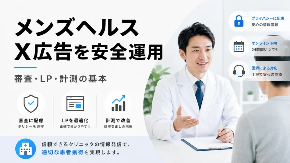 メンズヘルスクリニックのX広告を安全に運用するための審査・LP・計測の基本を示すアイキャッチ画像
