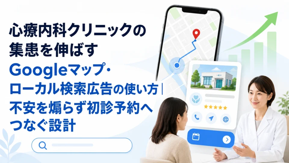 心療内科クリニックのGoogleマップとローカル検索広告による集患設計を示すアイキャッチ画像