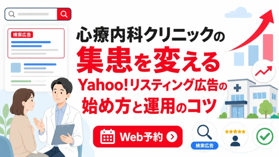 心療内科クリニックのYahoo!リスティング広告による集患とWeb予約導線の全体像を示すアイキャッチ画像