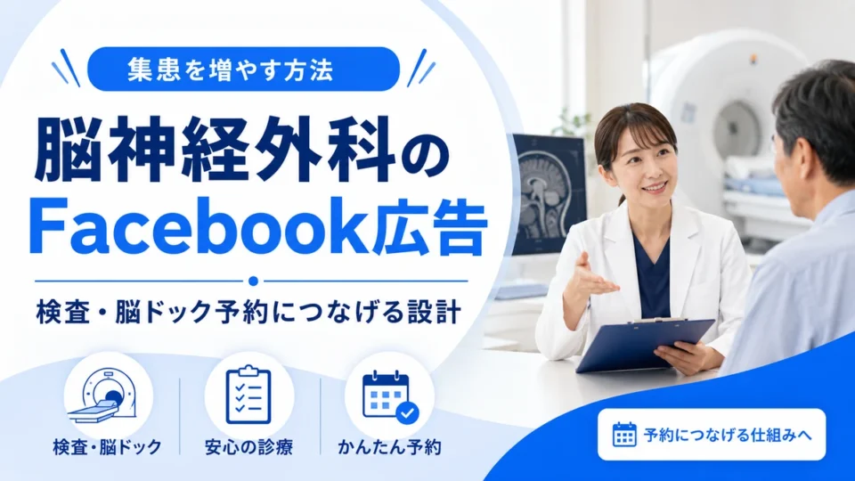 脳神経外科クリニックのFacebook広告で検査や脳ドック予約につなげる設計を示すアイキャッチ画像